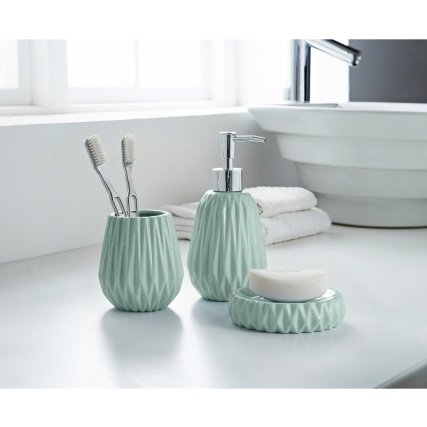 3 Piece Ceramic Bathroom Accessory Set Ripple Effect - Soap Dish, Soap Dispenser, Tumbler/Toothbrush Holder (Aqua)
