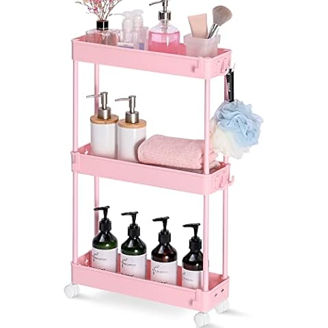 3 Tier Slim Storage Trolley on Wheels, 13cm Wide Slide out Rolling Utility Cart for Kitchen or Living Room, Narrow Places, Etc, Pink Cover