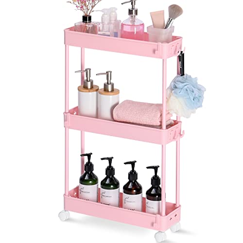 KINGRACK Slim Storage Trolley, Narrow Rolling Cart 3 Tier on Wheels, 13cm Wide Slide out Rolling Utility Cart with Hooks for Kitchen or Living Room, Laundry Room,Office Bathroom, Pink