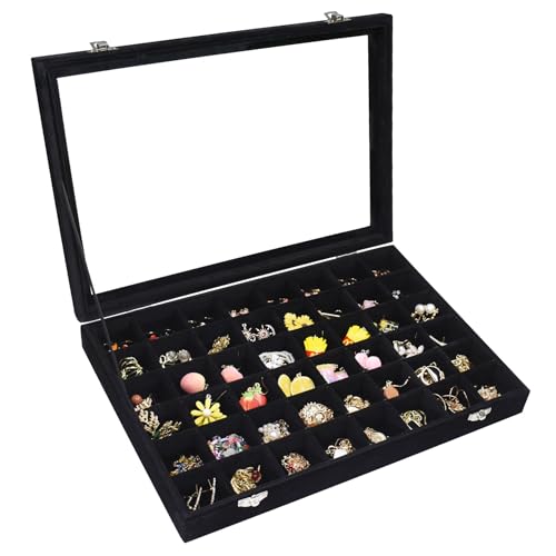 Vicoter Velvet Jewelry Tray 48 Compartments Jewelry Display Organizer with Transparent Cover Rings, Earrings, Necklaces, Pendants Storage Box for Girls, Wives, Mothers, Women