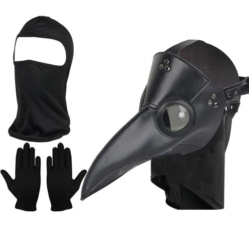 Lifreer Halloween Props Costume Set, Plague Doctor Mask Steampunk Props Bird Mask with Black Gloves