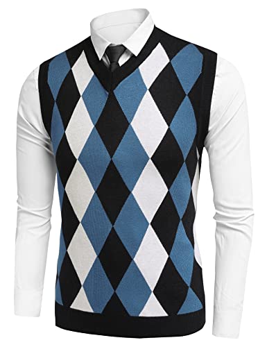 Amussiar Men's Soft Argyle Sweater Vest Slim Fit V-Neck Knitted Pullover Vest Blue-White #TOP3
