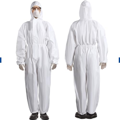 TrelaCo 5 Pcs XL Disposable Hazmat Suits Protective Coveralls with Hood Waterproof Painters Suit Breathable Full Body Protective Clothing for Men Women Work Painting Cleaning