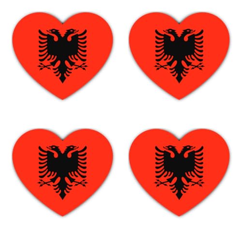 Havati - Autocollants : 75 mm - Lot de 4 autocollants en vinyle - Motif cœur de l'Albanie - 75 mm - 7,5 cm - Résistant aux intempéries - Pour voiture, ordinateur portable, valise