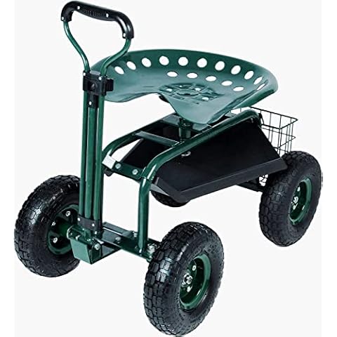 KARMAS PRODUCT Steerable Garden Stool Cart with Tool Tray and Storage Basket on Wheels Rolling Work Seat Heavy Duty Scooter with Extendable Steer Handle Green Cover