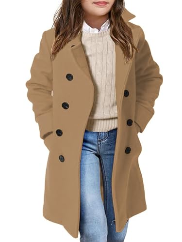 Image of Girls Coat Double Breasted Notched Collar Wool Blend Long Trench Coat Winter Warm Peacoat Dress Coat with Pockets