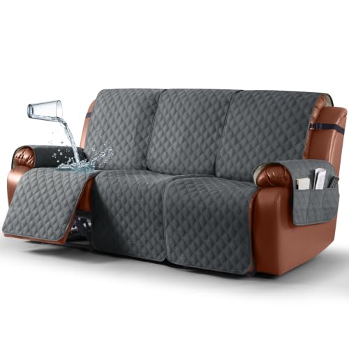 Ruaozz Waterproof Recliner Sofa Covers, 1-Piece Couch Covers for Reclining Couches Reclining Couch Cover Washable Furniture Protector with Elastic Straps Pocket for Kids Pets (Gray, 3 Seater)