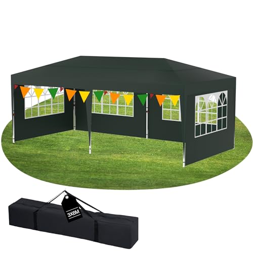 YRHome Cenador plegable de 3 x 6 m con 6 paredes laterales, altura ajustable, resistente al agua, estable, resistente al invierno, carpa para fiestas, jardín, jardín, protección UV, tela Oxford 210D