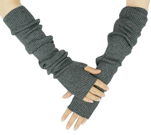 Farlenoyar Women Fingerless Arm Gloves Cashmere Blend Arm Warmers DarkGrey