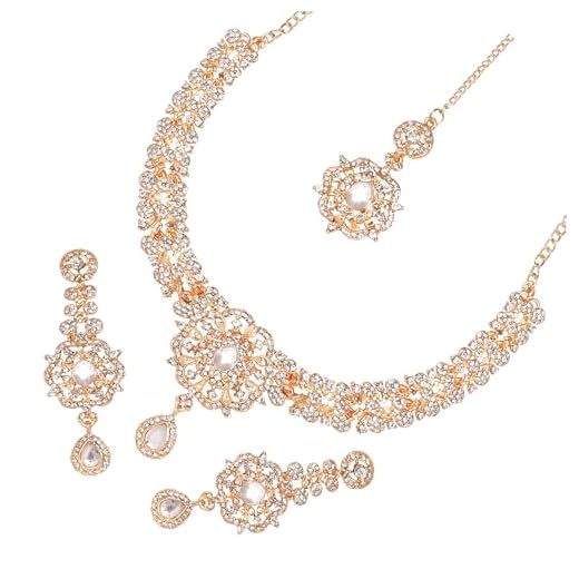 Touchstone Indian Bollywood Contemporary Fabulous Style Definition Rhinestone Designer Jewelry Wedding Necklace Set In Gold Tone For Women.