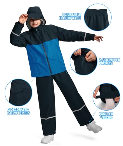 Image of Kids Rain Suit Jacket and Pants Set with Reflective Strips Adjustable Hood Flap Pocket for Boys Girls