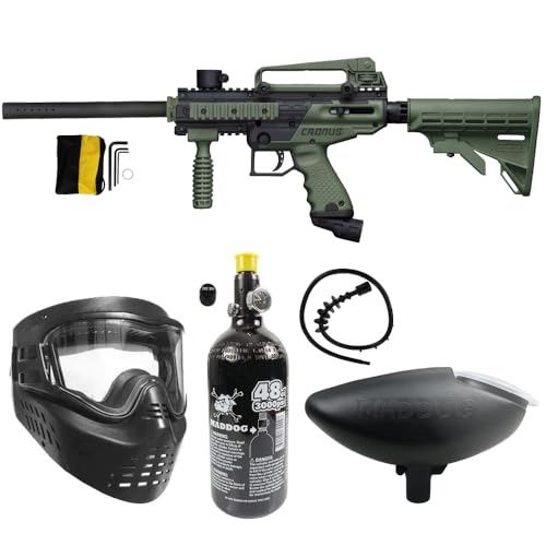 Maddog Tippmann Cronus Tactical Paintball Gun Marker and Bronze HPA Accessory Starter Package | Comes with Marker, Anti-Fog Mask, Hopper, & 48CI HPA Tank - Black / Olive