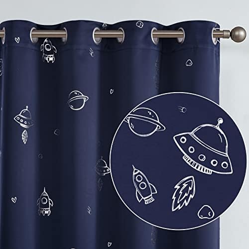 Vangao Navy Blue Blackout Curtains Space Theme for Boys Kids Nursery Girls Room Silver Foil Print Grommet Top Window Drapes 96 Inches Long 2 Panels for Bedroom Living Room