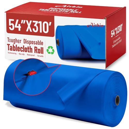 Image of Plastic Table Cloth Roll, 310 Ft X 54 in Disposable Tablecloth Roll | Royal Blue Tablecloth PEVA Plastic Table Cloth Disposable with Cutter Table Cover Roll for Party, Graduation, Baby Showers