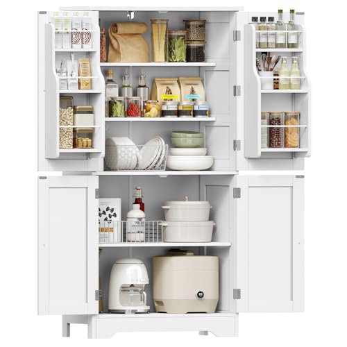 TEENFON Mobile Dispensa Cucina larghezza 60 cm, Armadio 4 Ante altezza 130 cm con Ripiani Regolabili e Portaspezie Integrata, Credenza Alta per Cucina, Soggiorno, Bianco