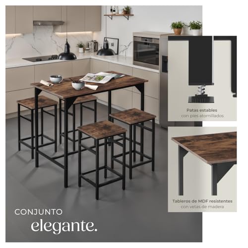tectake® Mesa Alta de Bar con 4 Taburetes, Mueble de Cocina Estilo Industrial, Diseño Comedor y Mesa Cocina, Muebles de Salon, Taburete - 100 x 124 x 88,5 cm Madera Industrial Oscura, Rústica - imagen 3