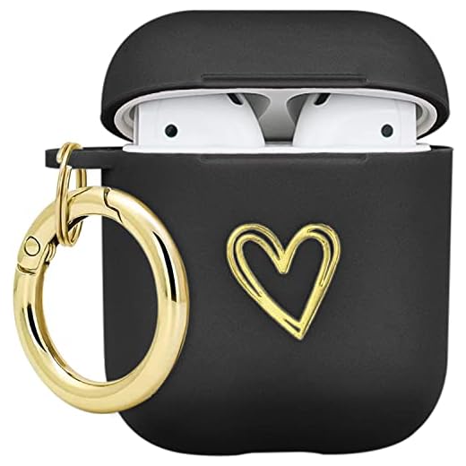 Wonjury AirPods Case Soft TPU Gold Heart Pattern Cute with Keychain Shockproof Cover Case for Girls Woman Apple Airpods 2 &1 - Black