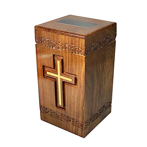 Nwa Wooden Adult Size Human Funeral Cremation Urn With Solid Brass Cross And Engraved Plaque #TOP5