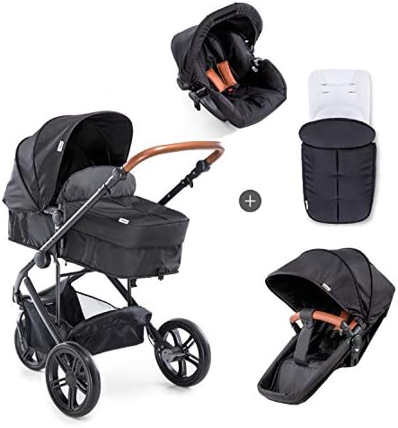 Hauck Pushchair Travel System Pacific 3 Shop N Drive / 3 Wheeler / Pram Convertible to Reversible Seat / Infant Car Seat / Footmuff / Height Adjustable / Lightweight / Large Wheels / Black