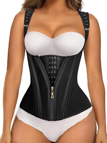 SHAPERX Trener talii gorset dla kobiet, kontrola brzucha, sportowy pas klepsydra, wyszczuplający talię, modelujący sylwetkę ze stalowymi kośćmi, Czarny, M