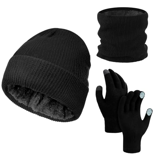 Silicherry 3 Pcs Waterproof Beanie Hat Circle Scarf Touchscreen Gloves Set for Men Women Fleece Thermal Winter Hat Waterproof Windproof Cuff Beanie Gloves Neck Warmer for Ski Walking Running Black