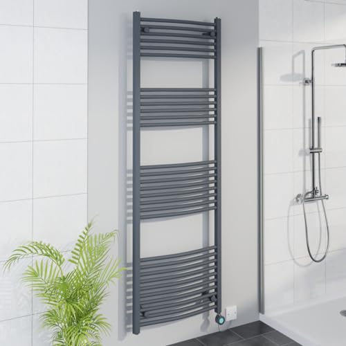 Image of Warmehaus Smart WiFi Thermostatic Electric Bathroom Curved Heated Towel Rail Warmer Radiator with Timer 1800x600mm - Anthracite