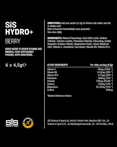 Science in Sport Hydro+ Electrolytes Powder Sachets with 5 Essential Electrolytes and Added Vitamins C, B6, and B12 for Hydration Drink | Berry, Pack of 6 Sachets - Image 4
