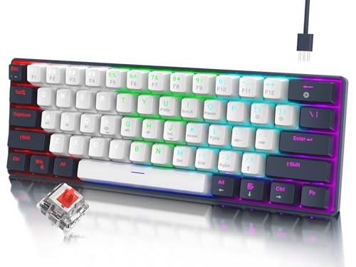 Image of Portable 60 Percent Keyboard, Compact 61 Keys Mini Mechanical Keyboard for PC /Mac Gamer Switchable Colorful Backlit - Red Switch - Black+White