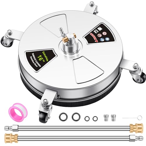 16" Pressure Washer Surface Cleaner Pro with 4 Wheels, Stainless Steel 2 Extension Wands, Power Washer Surface Cleaner Hot Water Supported for Patio Decker Concrete Driveway, 3000 PSI 16 inc