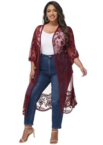 Image of Anna-Kaci Women's Plus Size Lace Cardigan Embroidered Long Kimono Dusters with Half Sleeves