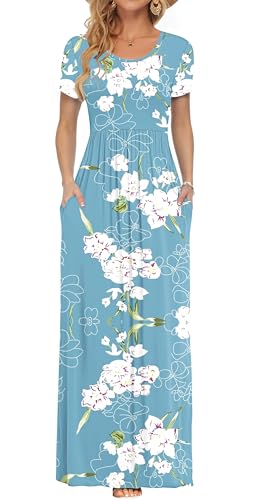 AUSELILY Floral Maxi Dress for Women Summer Casual Short Sleeve Crewneck Empire Waist Long Flower Dresses with Pockets 2026 Floral Light Blue L