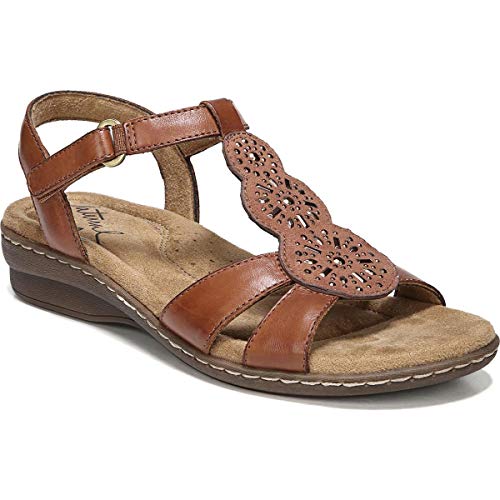 SOUL Naturalizer Womens Belle Leather T-Strap Sandals Brown 8 Wide (C,D,W)