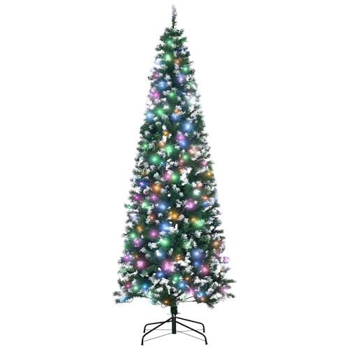 HOMCOM 7FT Tall Prelit Pencil Slim Artificial Christmas Tree with Realistic Branches, 350 Colourful LED Lights and 818 Tips, Xmas Decoration, Green