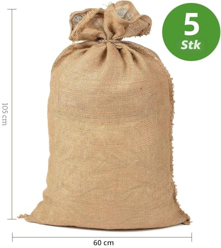 Jutesäcke 105 x 60 cm - 5er Set, Jutesack Universal, 50 kg Traglast - Ökologische Kartoffelsäcke aus 100% Jute - Strapazierfähig, Sackhüpfen, Kartoffelsack, Frostschutz, Nikolaussack