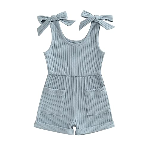 Image of OikMombiu Toddler Baby Girl Sleeveless Jumpsuit Solid Ribbed Knitted Romper Shorts Overalls One-Piece Outfit Summer Clothes