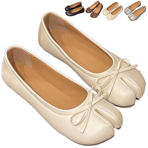 Women Trendy Low Heel Ballet Flat - Bowknot Split Toe Design Decor Casual Comfortable Daily Walking Shoes (Beige,23.5 cm)