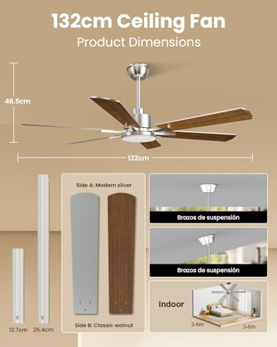 Airwit Wentylator sufitowy z oświetleniem, 132 cm, dwustronne łopatki, cichy wentylator sufitowy z pilotem zdalnego sterowania i odwracalnym silnikiem DC do sypialni, salonu
