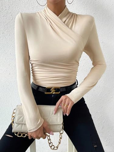 Image of SweatyRocks Women's Ruched Mock Neck Long Sleeve T Shirt Solid Slim Fitted Tee Tops