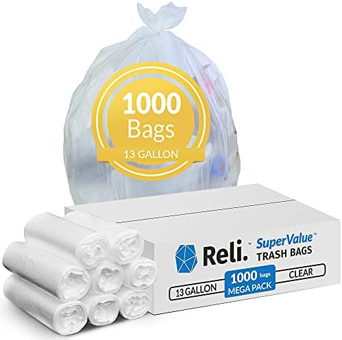 Reli. SuperValue Trash Bags 13 Gallon | 1000 Count | Tall Kitchen Garbage Bags Bulk - Clear | 13 Gallon Clear Trash Bags/Trash Can Liners for Garbage | Made for 12 Gal, 13 Gal, 16 Gal - Unscented