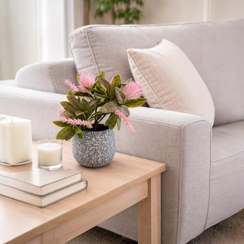 Image of Garden Art Artificial Protea Flower Arrangement in Decorative Dotted Pot - Realistic Faux Pink Protea Plant for Home, Office, Table & Shelf Decoration (P-0235Pink)
