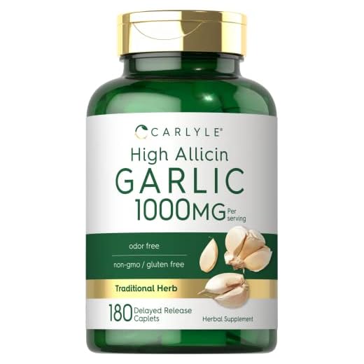 Carlyle Garlic Supplement with High Allicin | 180 Caplets | Odorless Garlic Pills | Vegetarian, Non-GMO, Gluten Free
