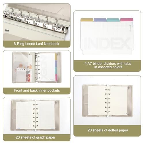 A7 Notizbuch Nachfüllbar mit Elastischem Band & Macaron Haftnotizen – Praktischer Organizer mit 6 Ringen, Stifthalter und Taschen für Büro, Schule, Reisen & Persönliche Planung