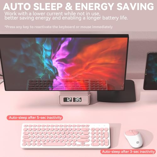 Image of FD iK6630 Wireless Keyboard and Mouse Combo - 2.4GHz USB Cordless, Cute Round Keys, Quiet and Slim Set for Laptop, Computer, TV, and Mac - Salmon Pink & White