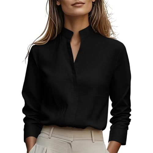Image of Qgtaibl Womens Long Sleeve Tops Mandarin Collar Blouses Business Casual Shirts Teacher Outfits Black