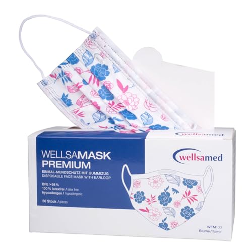 Wellsamed wellsamask Design Colour Line medizinischer Mundschutz, Mund und Nasenschutz, OP-Masken, Einweg, 50 Stück, CE/EN 14683 Typ IIR, 3-lagig, Hawaii-Pink 6 wellsamed wellsamask medizinischer Mundschutz, Mund und Nasenschutz, OP-Masken, Einweg, 50 Stück, CE / EN 14683 Typ IIR (Typ 2R) 3-lagig (Blumenmuster)