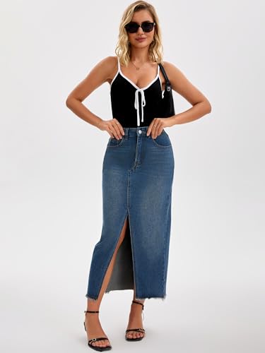 Women's Denim Skirt High Waist Split Front Raw Hem Washed Maxi Jean Skirts3