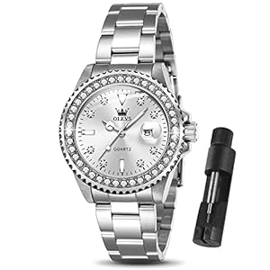 OLEVS Watches Women with Date Silver Stainless Steel Luxury Ladies Watches with Small Writs Diamond Watches for Women Waterproof Elegant Dress Quartz Analog Women’s Wrist Watches Reloj de Mujer