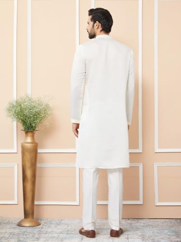 Image of See Designs Men's Long Sleeve Mandarin Collar Side Slit Off-White Embroidered Chanderi Silk Straight Kurta