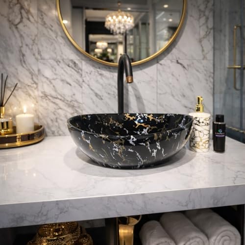 Image of Ceramic Tabletop Wash Basin - Glossy Bowl Shape Countertop Vessel Sink with Marble Finish for Bathroom & Vanity | Compact 16 x 13 x 5 Inch | Elegant Washbasin