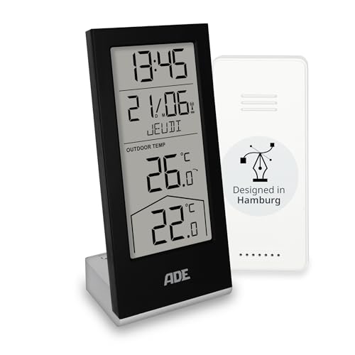 ADE Station météo numérique sans fil avec capteur extérieur | horloge numérique avec thermomètre intérieur et extérieur pour la maison | horloge radio pilotée | calendrier numérique | noir
